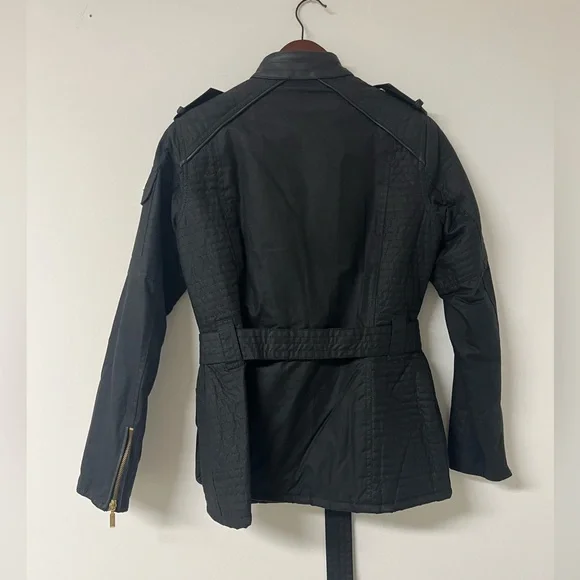 Authentic Barbour Belted Waxed Jacket - Black - Leather Trim Sz US 8 UK 12 - Picture 13 of 14